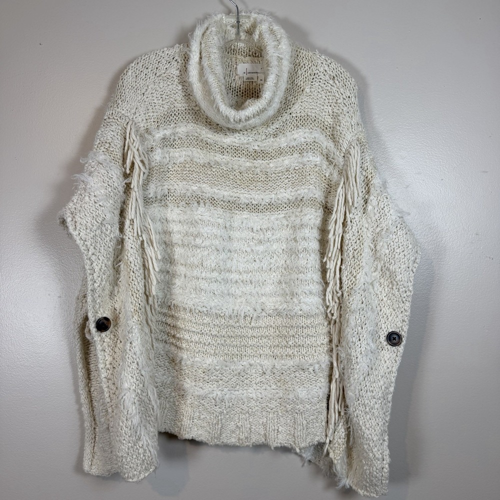 Anthropologie Poncho Women's Ivory Cream Knit Boho Fringe Sweater Medium Large